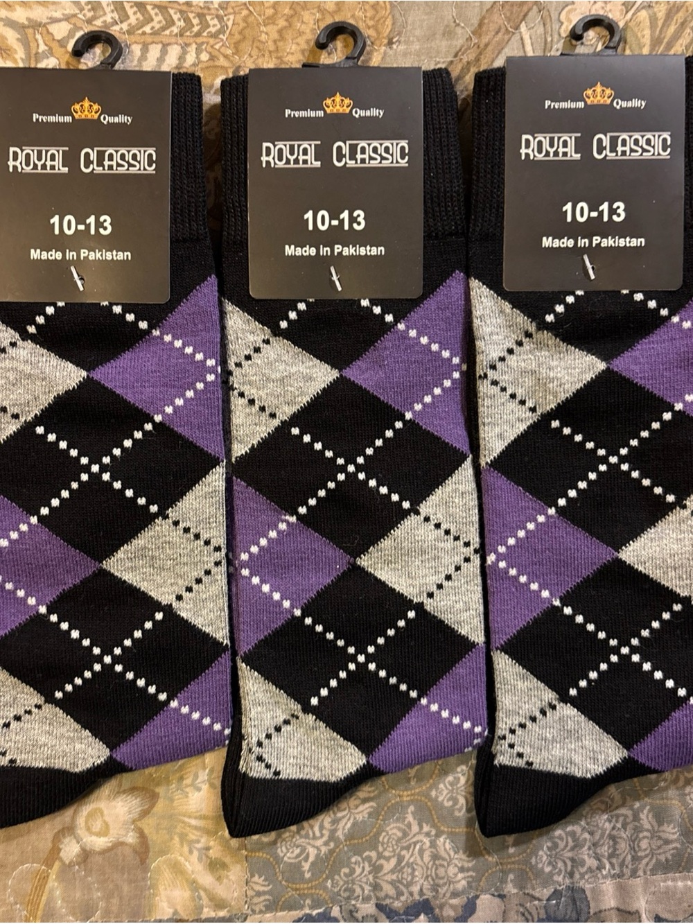 Classic Men’s Argyle Dress Socks in Black, Gray & Purple - 3 Pack